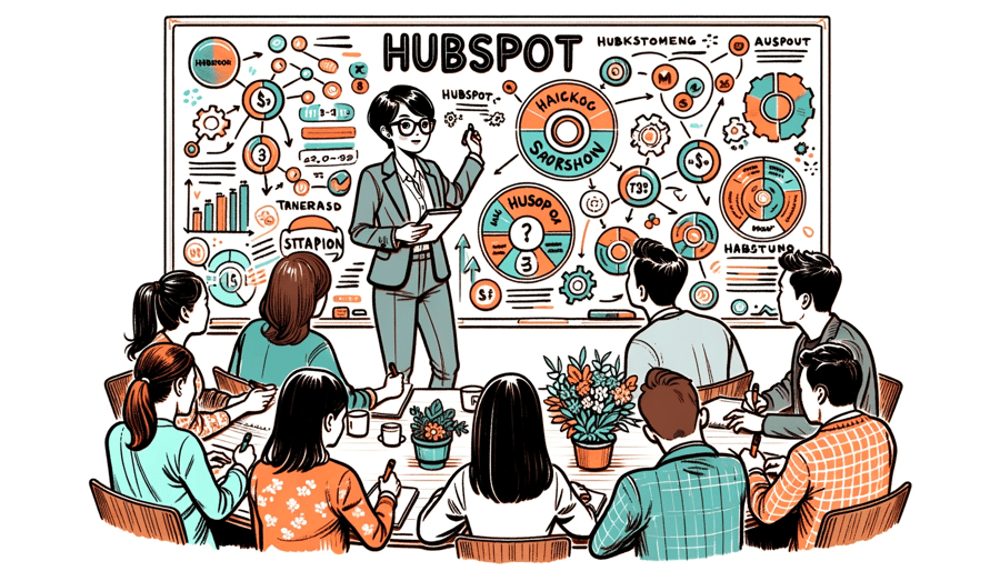 A hand-drawn illustration of a HubSpot expert conducting a workshop with professionals