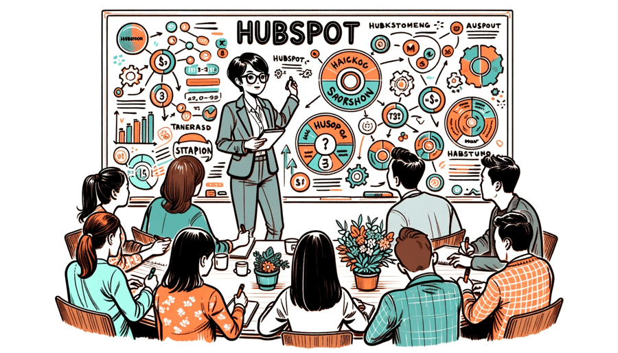 A hand-drawn illustration of a HubSpot expert conducting a workshop with professionals A hand-drawn illustration of a HubSpot expert conducting a workshop with professionals