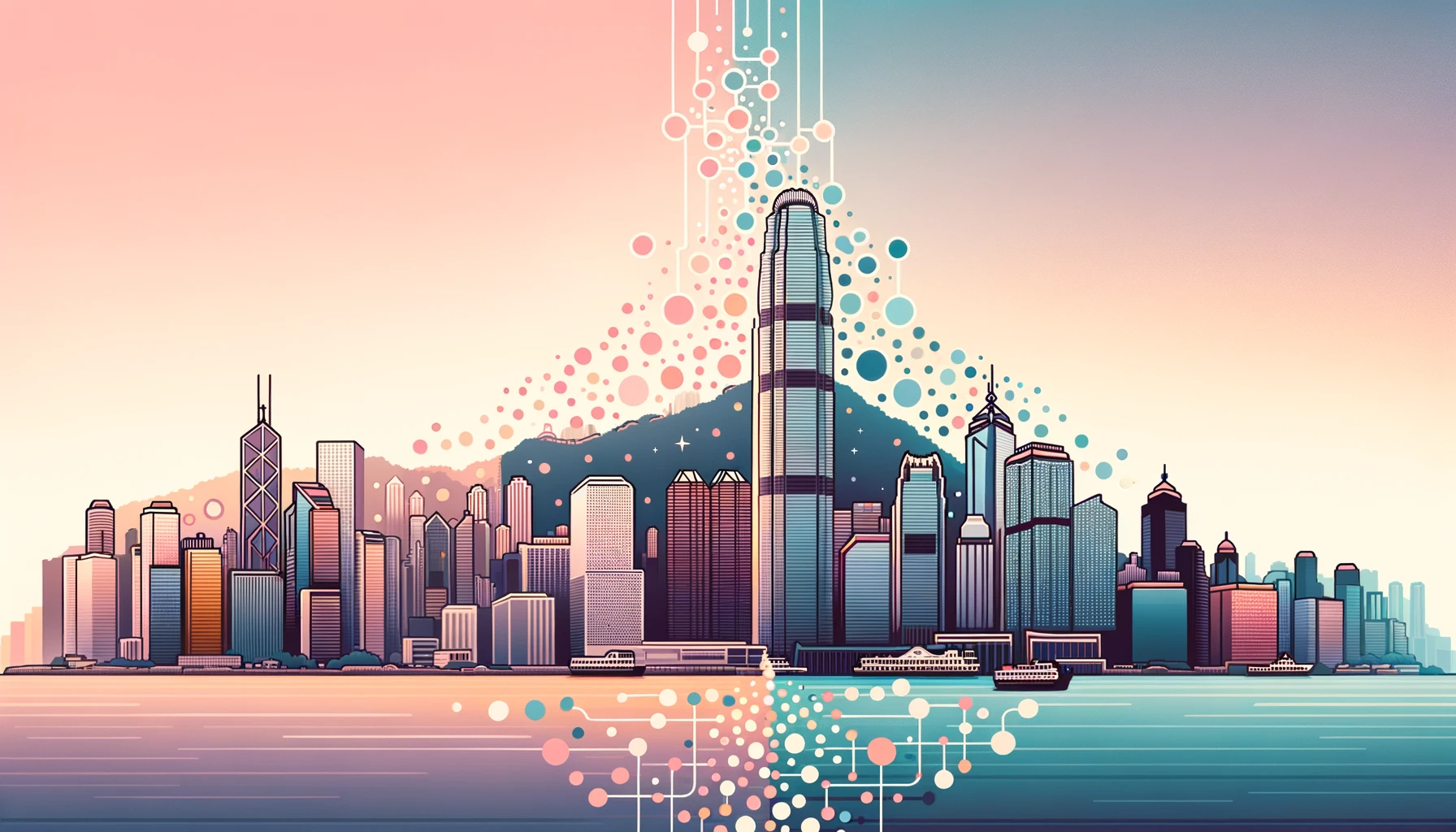 DALL·E 2023-10-13 03.42.55 - Illustration of the iconic Hong Kong skyline transitioning into the stylized HubSpot logo. The left side showcases famous Hong Kong skyscrapers in sof