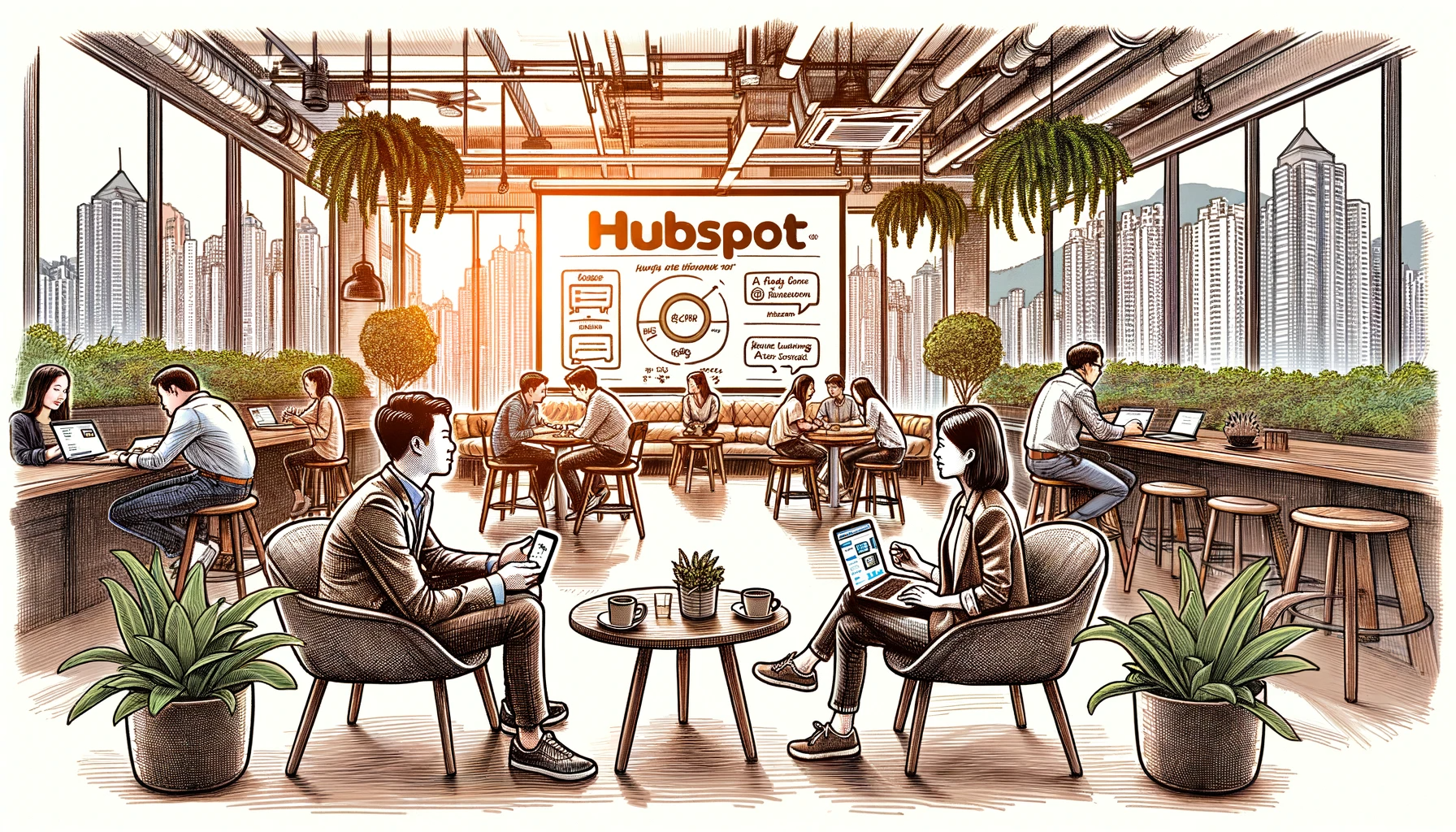 Two entrepreneurs sitting in a co-working space in Hong Kong, contemplating whether they should use HubSpot